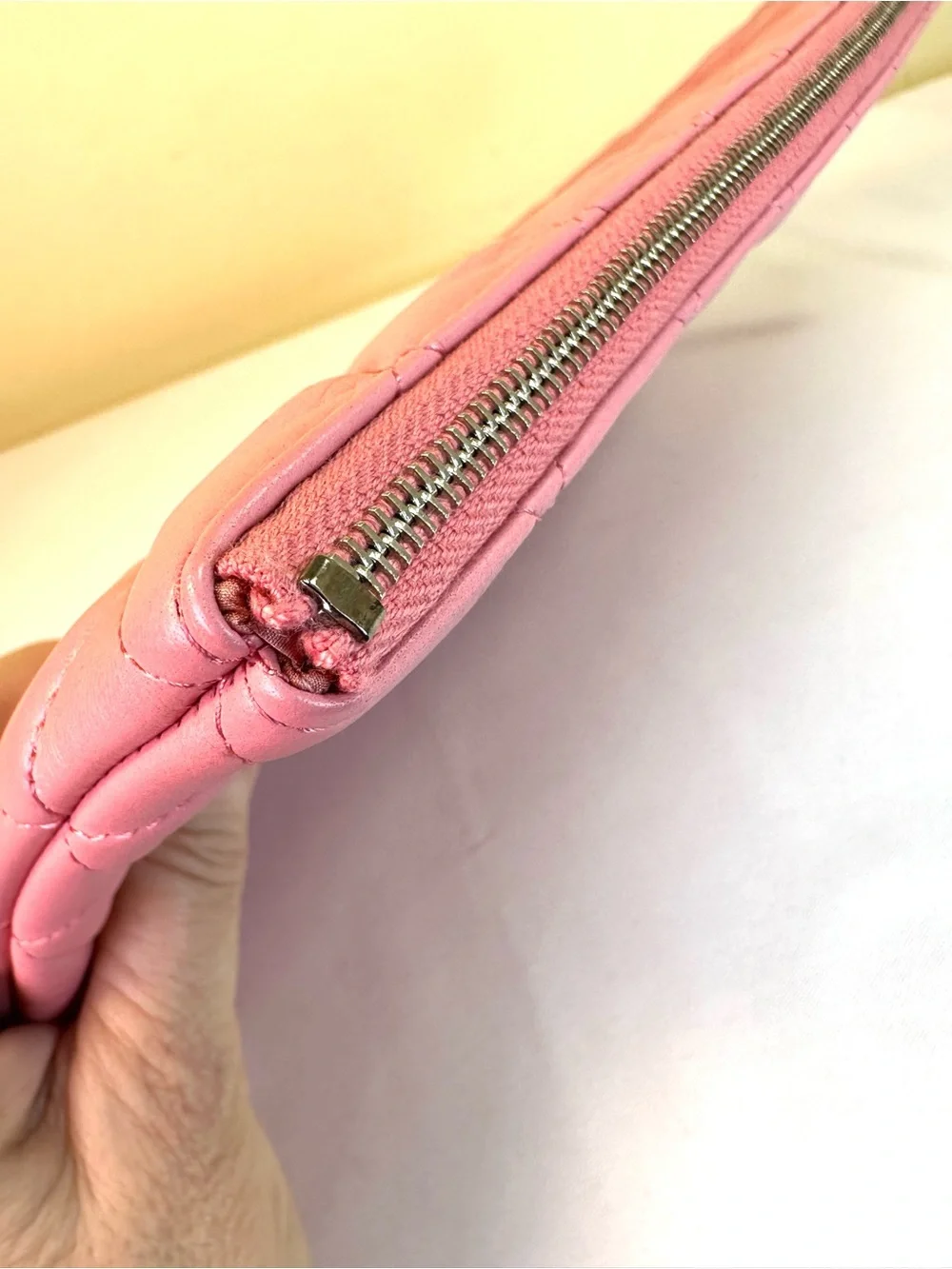 CHANEL Pink Quilted Lambskin Zip Pouch O-Case Fits Laptop, Box, card, #18 COA
